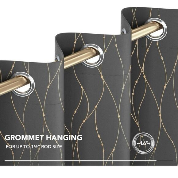 2 Panels Blackout Curtains Dark Gray Gold Accents Grommet Hanging 52” x 84” READ - Picture 9 of 13